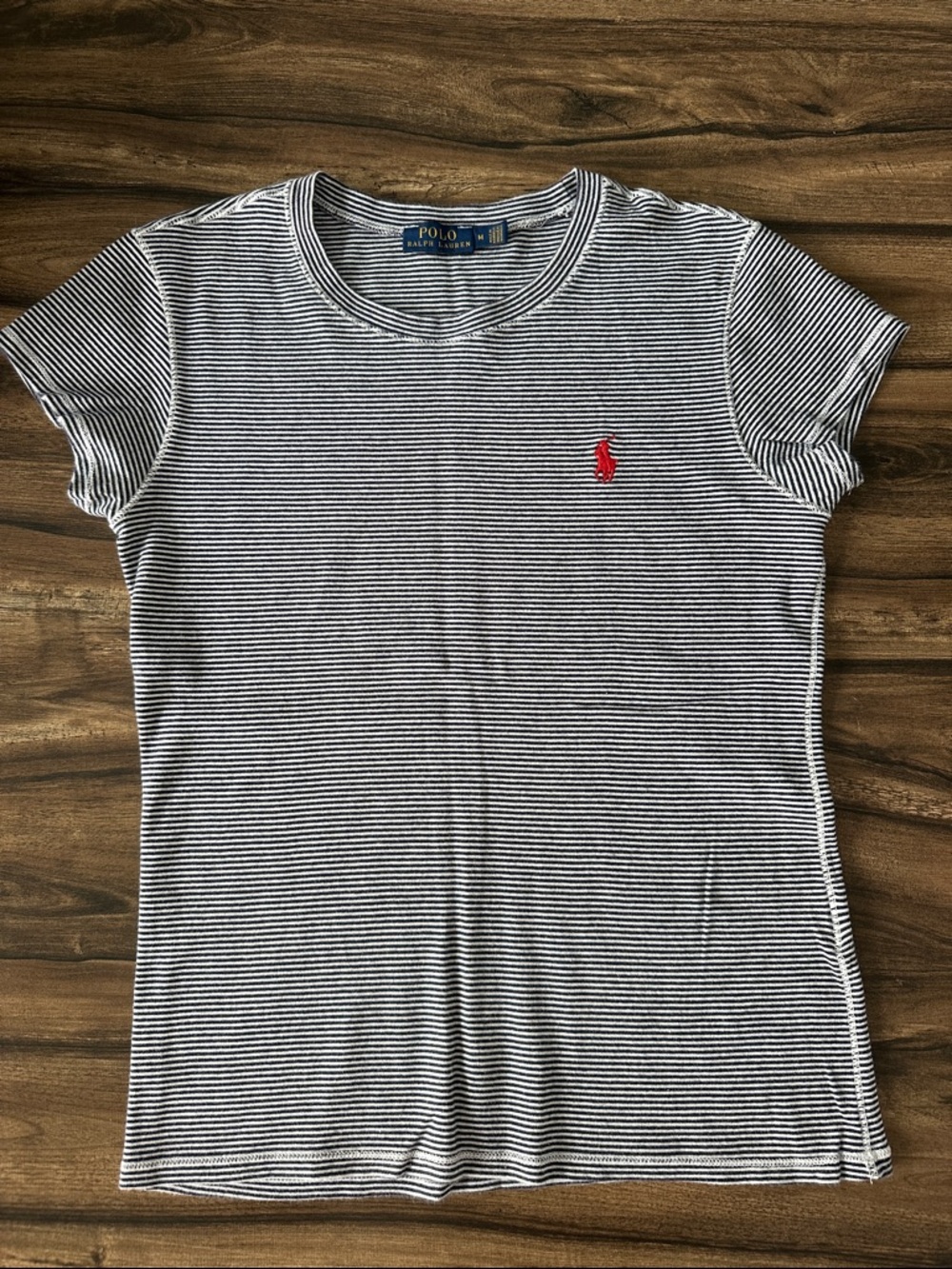 Ralph Lauren Navy & White Striped Crew Tee with Gold Logo Tag